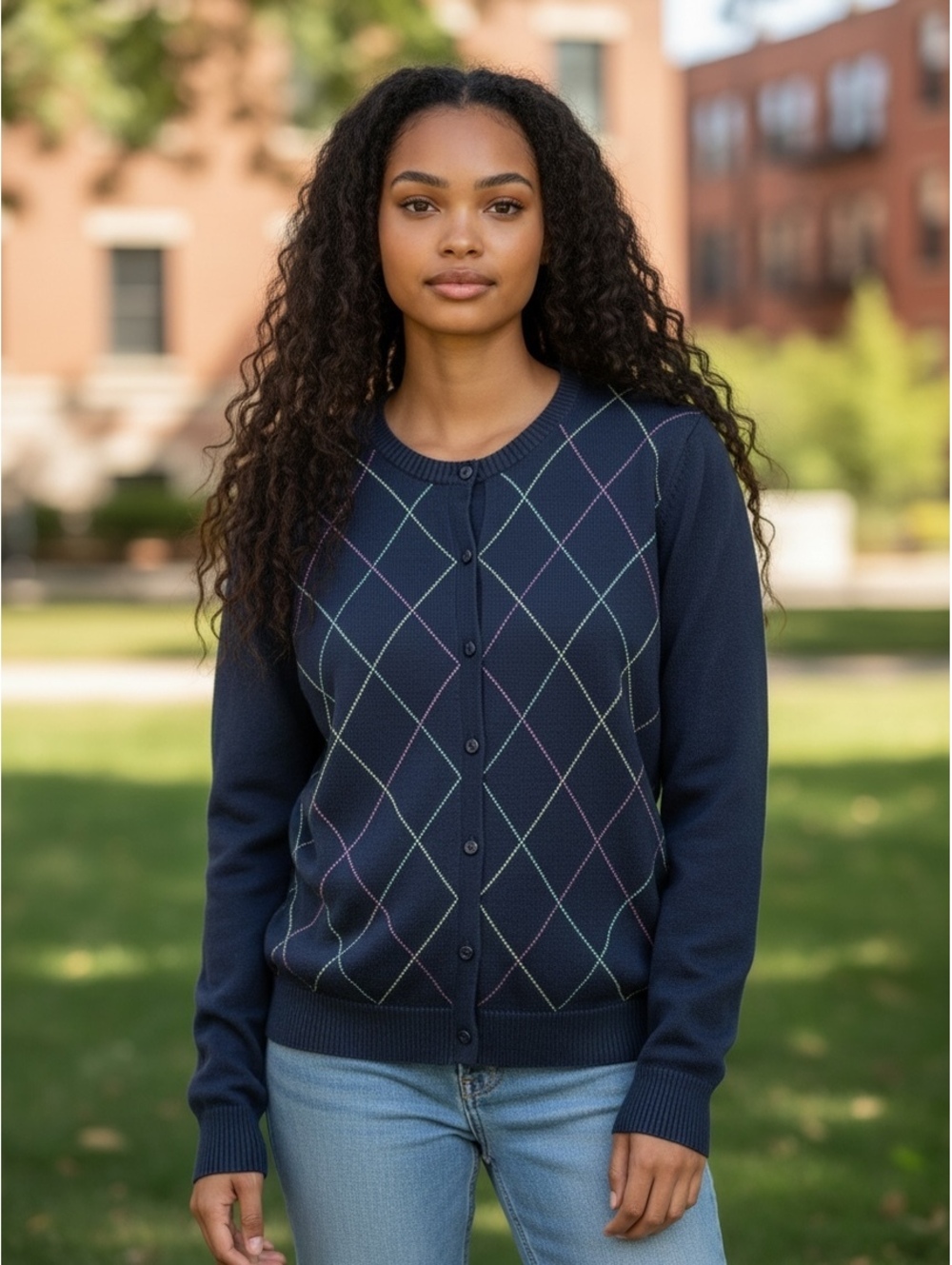 Cherokee Navy Blue Argyle Button-Up Cardigan Sweater, Size Large